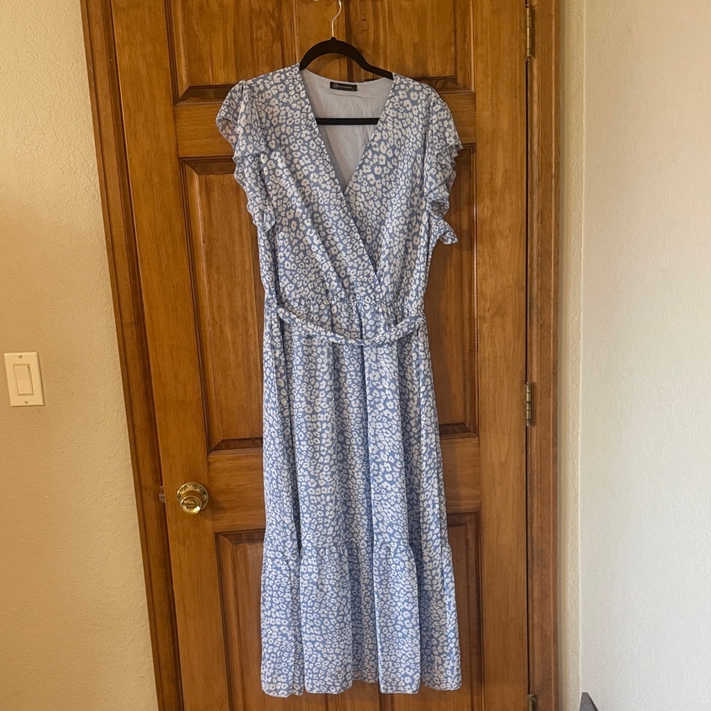 Blue Floral Wrap Maxi Dress with Tie Waist